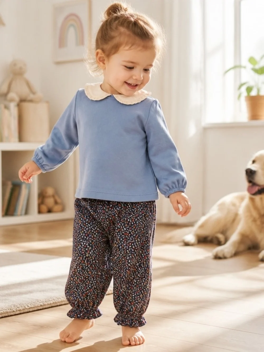 Edgehill Collection Blue Top with Cream Peter Pan Collar and Navy Floral Pants